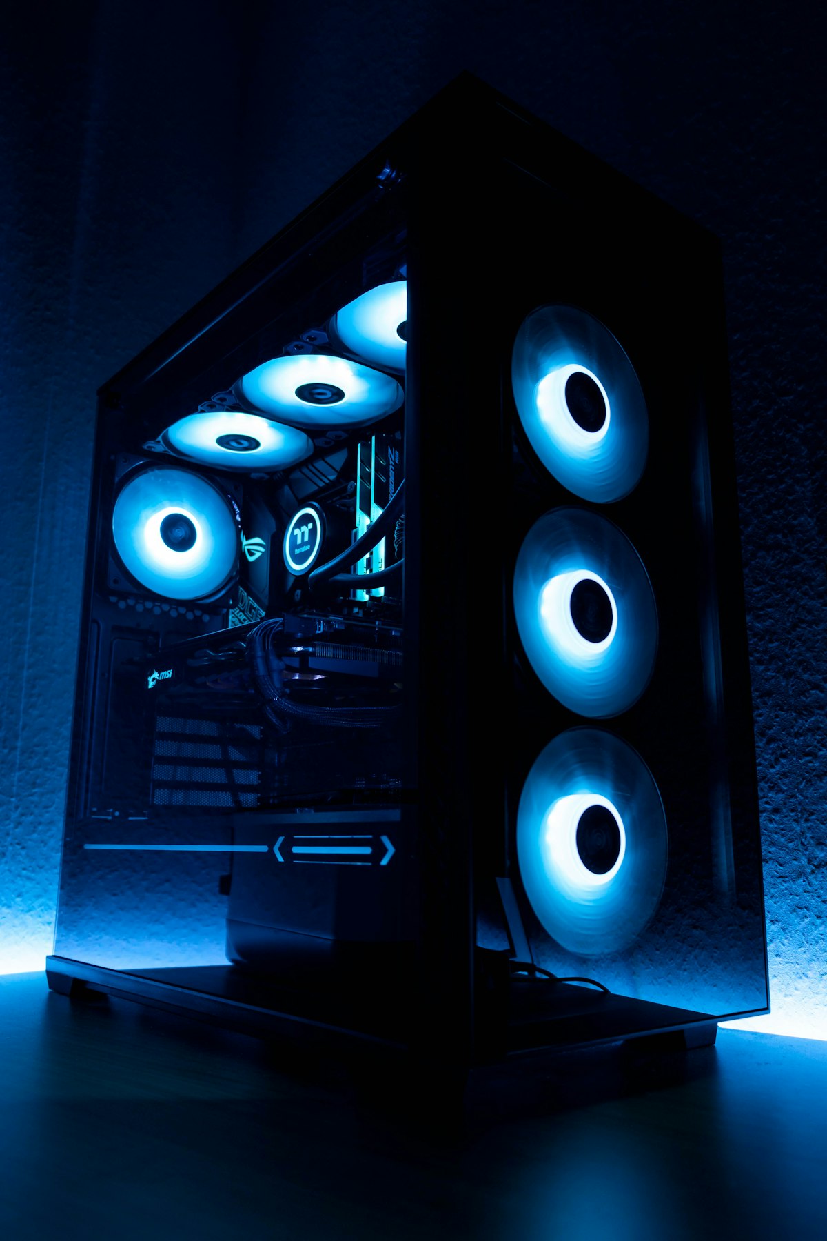 Custom gaming PC with RGB lighting and glass side panel